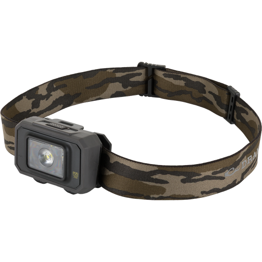 The Waterfowl 3 Headlamp Lighting Pack 250LM is a dual-fuel, camouflage-patterned headlamp with an adjustable strap and rectangular housing, delivering 250 lumens on a white background.