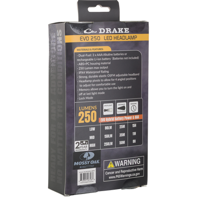Back of a 3 Headlamp Lighting Pack 250LM box by Waterfowl, featuring a 250 lumen dual-fuel headlamp with IPX4 water resistance, adjustable headband, and a warning about cancer and reproductive harm.