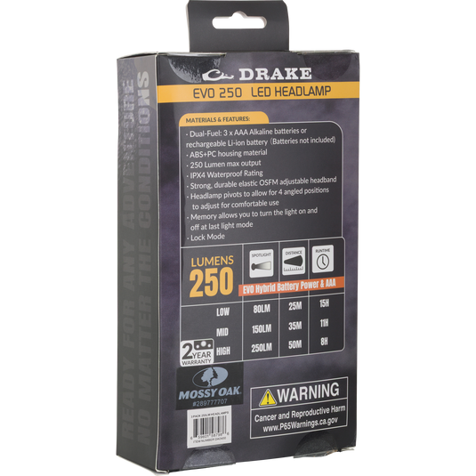 Back of a 3 Headlamp Lighting Pack 250LM box by Waterfowl, featuring a 250 lumen dual-fuel headlamp with IPX4 water resistance, adjustable headband, and a warning about cancer and reproductive harm.