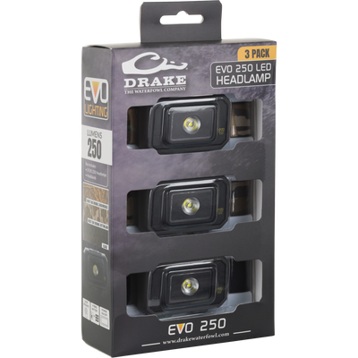 Waterfowl 3 Headlamp Lighting Pack 250LM in black packaging, each with a central LED (250 lumens); package highlights an affordable lighting kit and features Waterfowl branding.