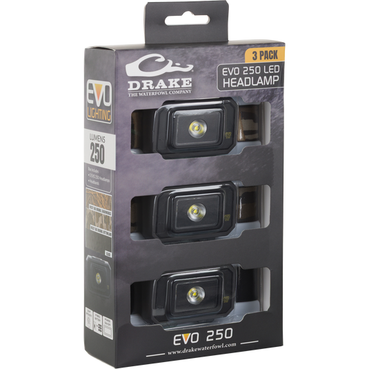 Waterfowl 3 Headlamp Lighting Pack 250LM in black packaging, each with a central LED (250 lumens); package highlights an affordable lighting kit and features Waterfowl branding.