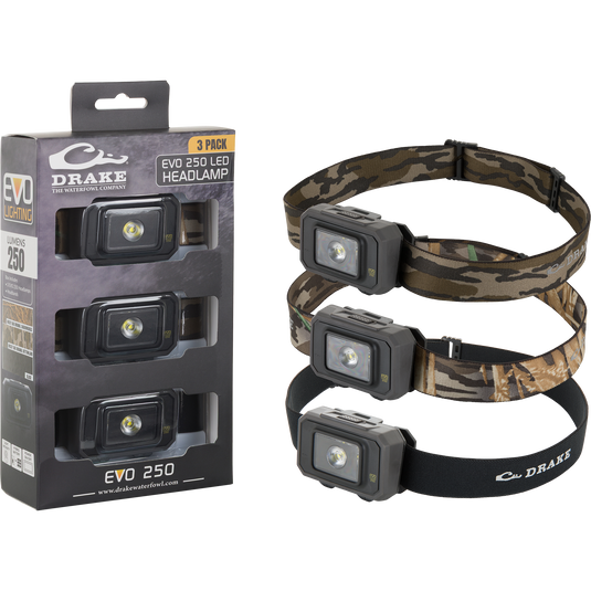 Three Waterfowl 3 Headlamp Lighting Pack 250LM headlamps, each with an adjustable strap and in assorted Mossy Oak or Black colors, are shown next to packaging that highlights the affordable lighting kit.