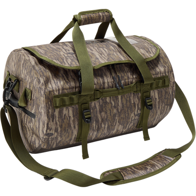 Waterproof Duffel Bag with camouflage print, featuring sturdy handles, adjustable strap, Molle loops, and secure zippers, ideal for protecting gear during hunting or travel.