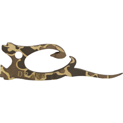 Old School camo-patterned metal Drake Head Finisher with a hook and the word DRAKE etched on the side.