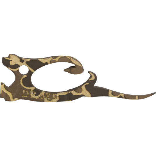 Old School camo-patterned metal Drake Head Finisher with a hook and the word DRAKE etched on the side.