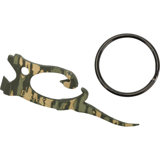 Camo-patterned Waterfowl Drake Head Finisher choke wrench with a hook design and a dark circular key ring.
