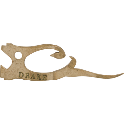 Brass-colored Drake Head Finisher choke wrench featuring a hook-shaped tip and the word DRAKE embossed on the side.
