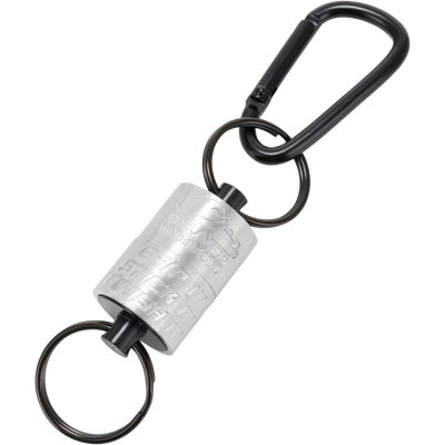 Drake Finisher Magnetic Retractor for waterfowl hunting featuring a silver cylindrical center, two split rings, and a black carabiner.