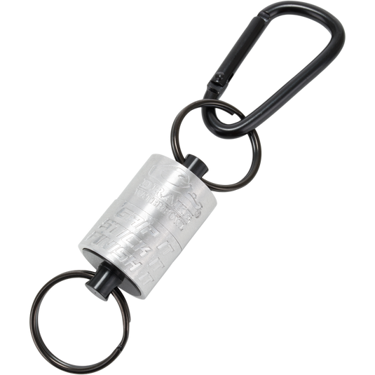 Drake Finisher Magnetic Retractor for waterfowl hunting featuring a silver cylindrical center, two split rings, and a black carabiner.