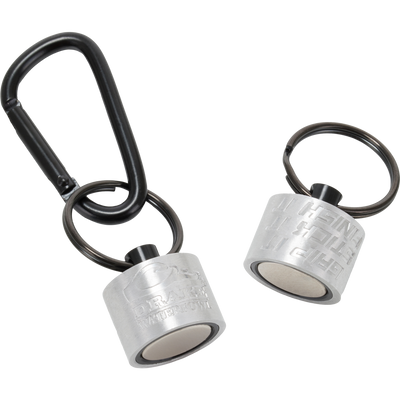 Two cylindrical Drake Finisher Magnetic Retractors, one attached to a black carabiner and the other to a split ring.