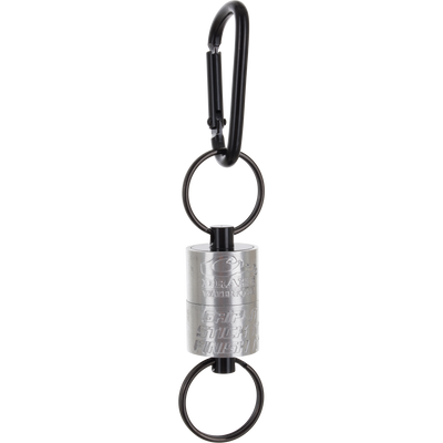 Drake Finisher Magnetic Retractor featuring a black carabiner, two split rings, and an engraved cylindrical metal body.