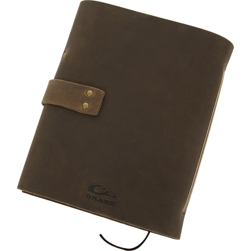 Drake Leather Wingshooters Hunting Log features a brown leather cover with brass snaps, embossed logo, and pen loop, ideal for documenting detailed hunting experiences.