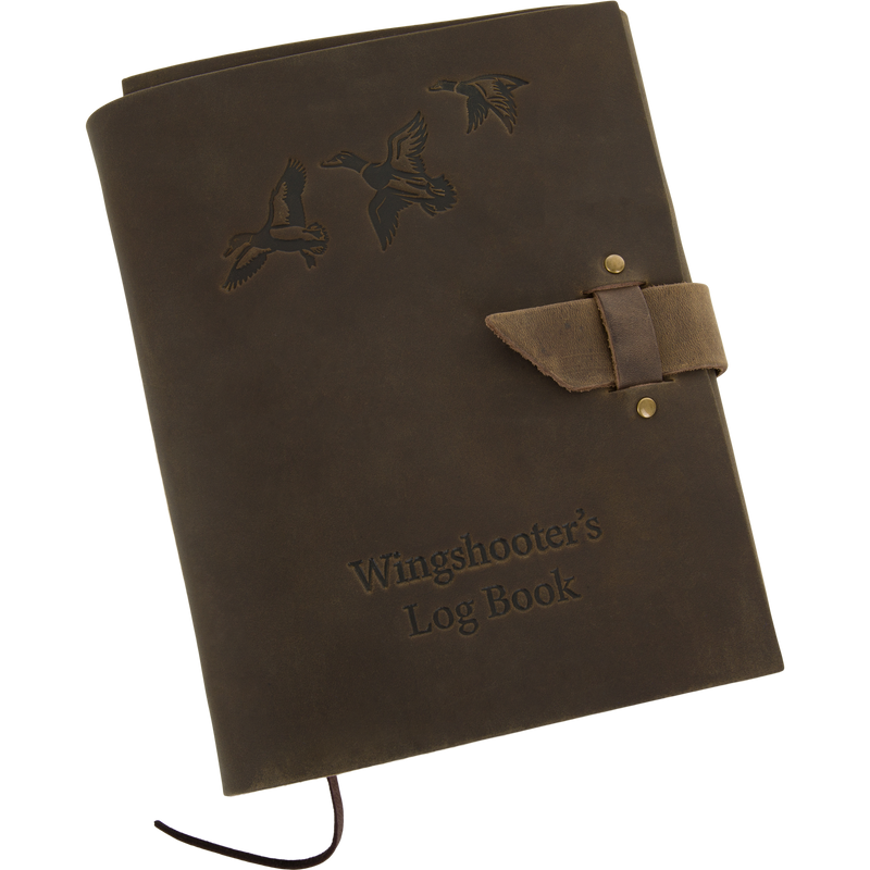 Drake Leather Wingshooters Hunting Log with embossed waterfowl design, leather strap closure, and bookmark ribbon for detailing waterfowl hunts. Features durable leather and high-quality paper.