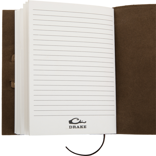 Drake Leather Wingshooters Hunting Log, featuring lined pages, suede cover, and leather cord, perfect for documenting hunting details with a durable, full-grain leather design.
