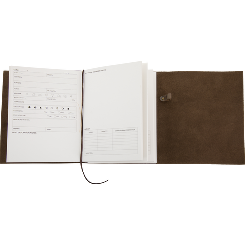 Drake Leather Wingshooters Hunting Log with pre-printed hunt summary page and blank comments page, encased in a durable leather cover with strap closure.