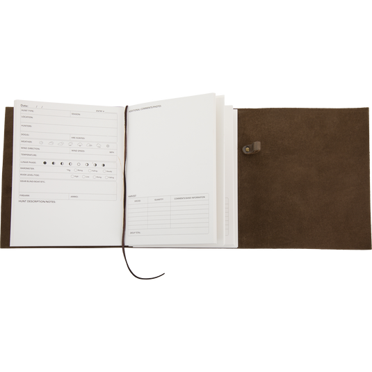 Drake Leather Wingshooters Hunting Log with pre-printed hunt summary page and blank comments page, encased in a durable leather cover with strap closure.