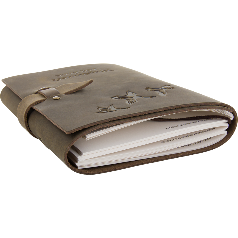 Drake Leather Wingshooters Hunting Log: Brown leather journal with embossed bird silhouettes, wrap-around strap, and insert sheets for documenting detailed hunting experiences.