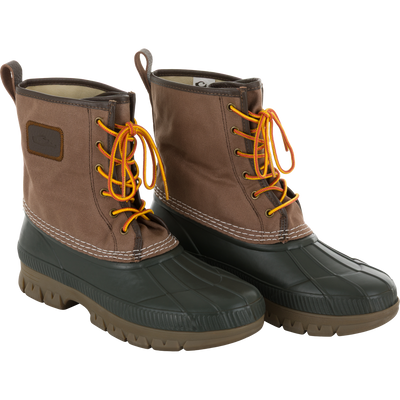 Throwback 80 Waxed Canvas Lace Up Duck Boot with durable waxed cotton canvas, waterproof rubber bottom, and brass eyelets, designed for rugged outdoor use.