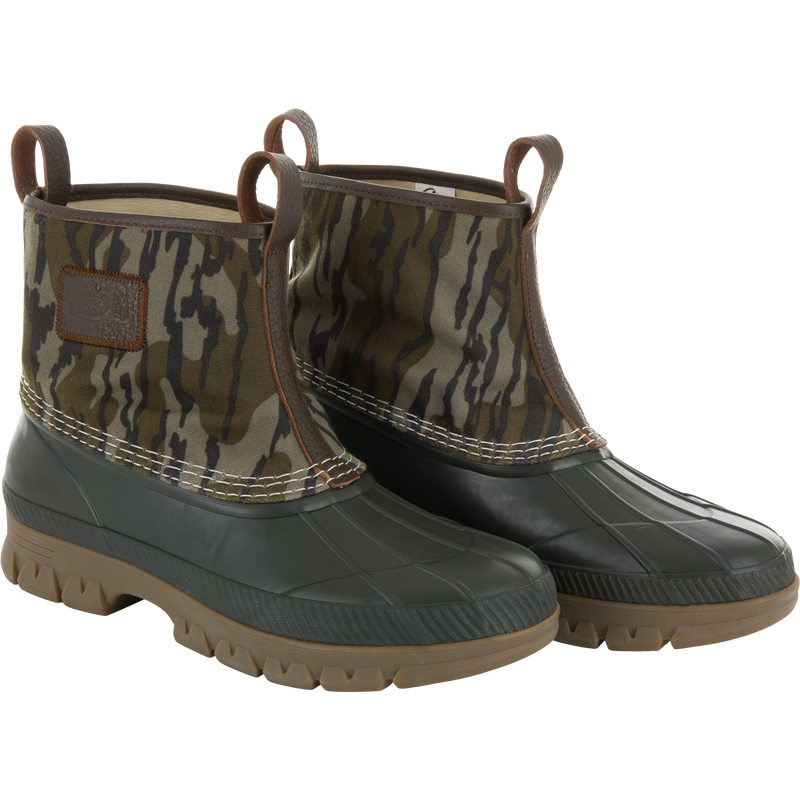 RTL - Throwback 80 Waxed Canvas Slip On Duck Boot with waterproof rubber sole, camouflage canvas upper, and pull-on loops, ideal for rugged outdoor conditions.