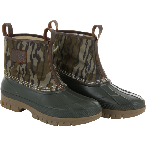 RTL - Throwback 80 Waxed Canvas Slip On Duck Boot with waterproof rubber sole, camouflage canvas upper, and pull-on loops, ideal for rugged outdoor conditions.