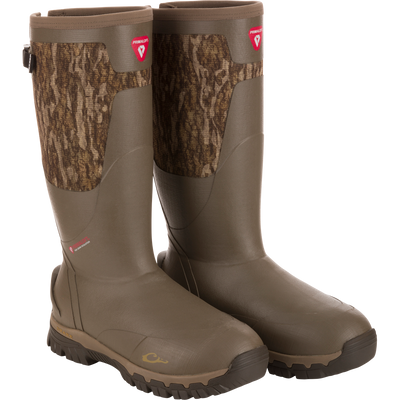 BMF1600 17 Rubber Boot with Primaloft Insulation, featuring camouflage panels, lugged soles, and a gusseted back, ideal for hunting in wet conditions.