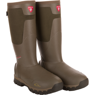 BMF1600 17 Rubber Boot with Primaloft Insulation, featuring tall, knee-high design, heavy tread, gusseted back, and PrimaLoft logo for hunting and wet-weather activities.