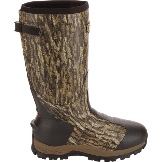 EST Uninsulated 16 Hybrid Mudder Boot 3.0 with woodland camouflage, features adjustable strap, textured sole, gusseted back, and fleece lining for hunting comfort.