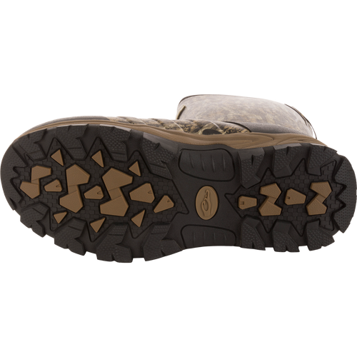 Underside view of EST Uninsulated 16 Hybrid Mudder Boot 3.0, showcasing heavy-tread rubber outsole with angular lugs for traction on rough terrain.