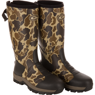 EST Uninsulated 16 Hybrid Mudder Boot 3.0 with camo pattern, rugged soles, reinforced toes, adjustable top strap, gusseted back, and fleece lining for comfort.