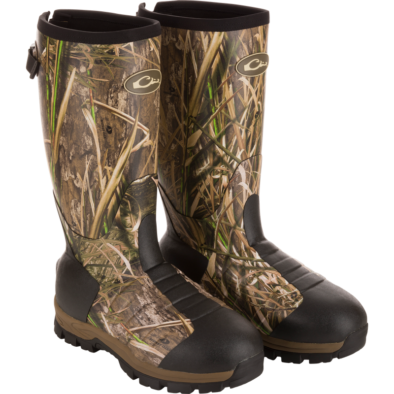 EST Uninsulated 16 Hybrid Mudder Boot 3.0 with Mossy Oak camouflage, features rubber, neoprene backing, gusseted back, EVA midsole, and fleece lining for comfort in wet terrain.