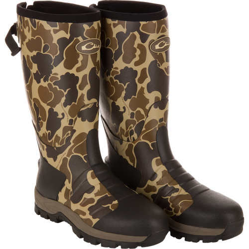 MST 16 Hybrid Mudder Boot 3.0, camo-pattern, rugged Wellington-style with lug soles, ideal for hunting, featuring neoprene, Thinsulate™ insulation, and EVA midsole for comfort.