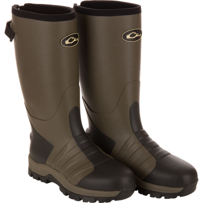 The MST 16″ Hybrid Mudder Boot 3.0 by Waterfowl features Green Timber color, black soles and toe caps, insulation, and an oval logo near the top.