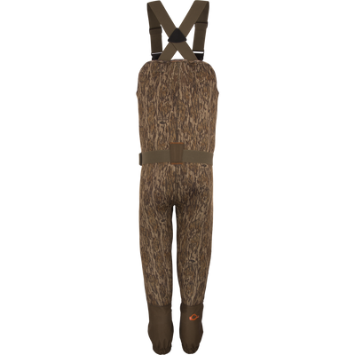 Waterfowl Youth Neoprene Wader features leaf-patterned camo, adjustable shoulder straps and belt, waterproof design, and Thinsulate Buckshot Mud Boot for added warmth.