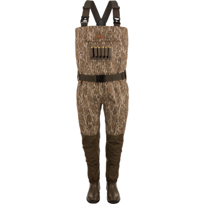Hardline Uninsulated Breathable Wader with built-in boots, adjustable straps, reinforced legs, front cargo pouch, and shell loops, ideal for waterfowl hunting.