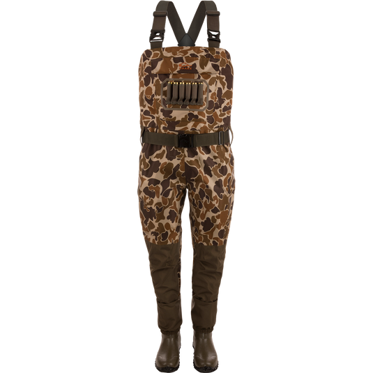 Hardline Uninsulated Breathable Wader with chest-high camo design, built-in rubber boots, adjustable straps, waist belt, and shell holder, ideal for waterfowl hunting.