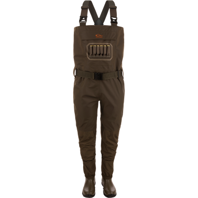 Hardline Uninsulated Breathable Wader with built-in rubber boots, adjustable straps, front shell loops, and a cargo pouch, ideal for waterfowl hunting and outdoor adventures.