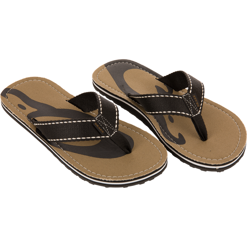 Lake Shore Flip Flops with cotton canvas footbed and cushioned EVA midsole, featuring black straps with white stitching, ideal for casual and aquatic adventures.