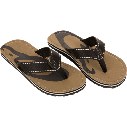Lake Shore Flip Flops with cotton canvas footbed and cushioned EVA midsole, featuring black straps with white stitching, ideal for casual and aquatic adventures.