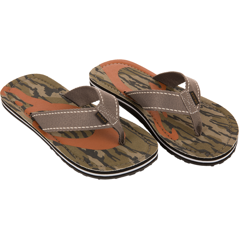 Lake Shore Flip Flops with camouflage footbed and brown fabric straps, featuring a cushioned midsole and outdoor tread, ideal for casual or water adventures.