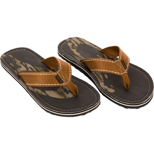 Lake Shore Flip Flops featuring camouflage footbeds and brown fabric straps, designed for comfort with a cotton canvas footbed and outdoor tread outsole.