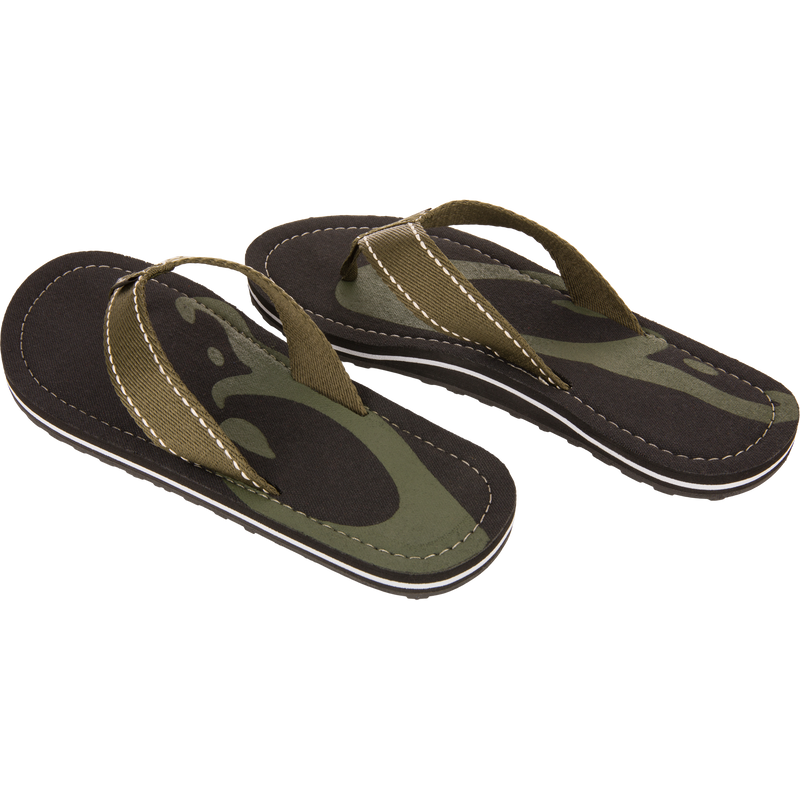 Lake Shore Flip Flops featuring camouflage-style footbeds and green fabric straps, designed with a comfortable cotton canvas footbed and durable outdoor tread, perfect for casual or water adventures.