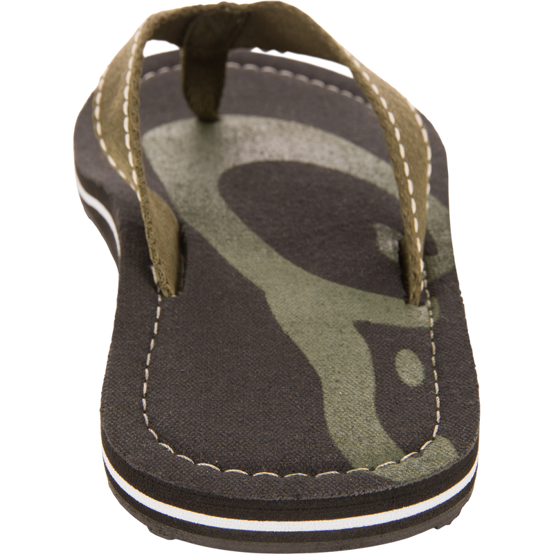 Lake Shore Flip Flops with olive-green fabric straps and abstract swirl footbed, featuring a cotton canvas and cushioned EVA midsole, ideal for water adventures.