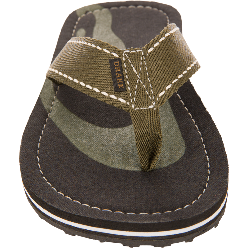 Lake Shore Flip Flops with a camo-accented black footbed, olive-green fabric strap, and DRAKE tag, ideal for comfort and durability in outdoor settings.