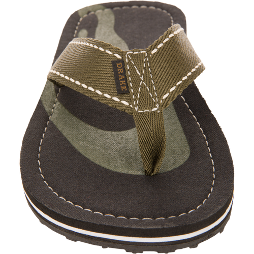 Lake Shore Flip Flops with a camo-accented black footbed, olive-green fabric strap, and DRAKE tag, ideal for comfort and durability in outdoor settings.