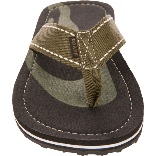 Lake Shore Flip Flops with a camo-accented black footbed, olive-green fabric strap, and DRAKE tag, ideal for comfort and durability in outdoor settings.