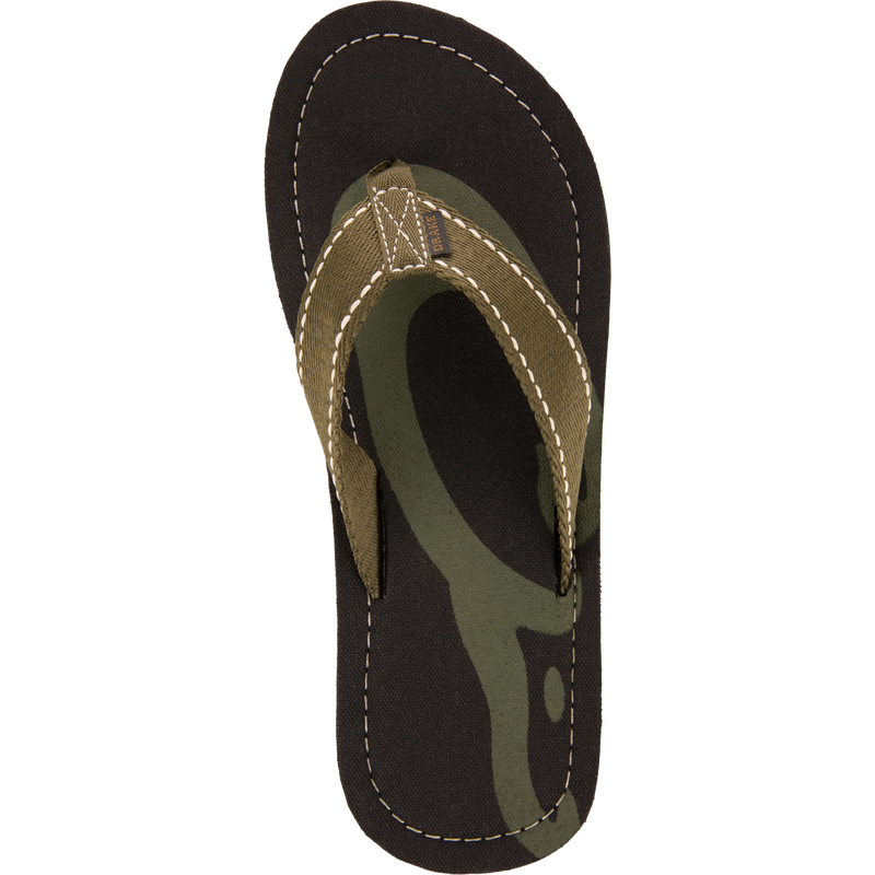 Lake Shore Flip Flops with olive-green camo accents and fabric strap, featuring a cotton canvas footbed and durable outdoor tread, ideal for casual or water adventures.