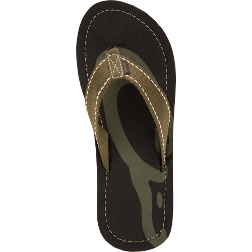 Lake Shore Flip Flops with olive-green camo accents and fabric strap, featuring a cotton canvas footbed and durable outdoor tread, ideal for casual or water adventures.