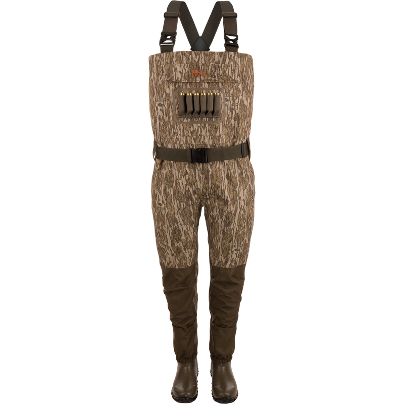 Hardline Insulated Breathable Wader with camouflage pattern, adjustable suspenders, waist belt, built-in shotgun-shell holder, insulated liner, and 800g Thinsulate™ Ultra Rubber Boots.