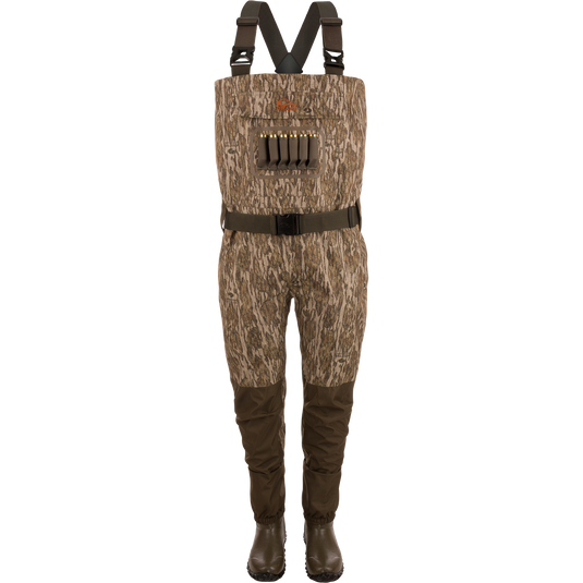 Hardline Insulated Breathable Wader with camouflage pattern, adjustable suspenders, waist belt, built-in shotgun-shell holder, insulated liner, and 800g Thinsulate™ Ultra Rubber Boots.