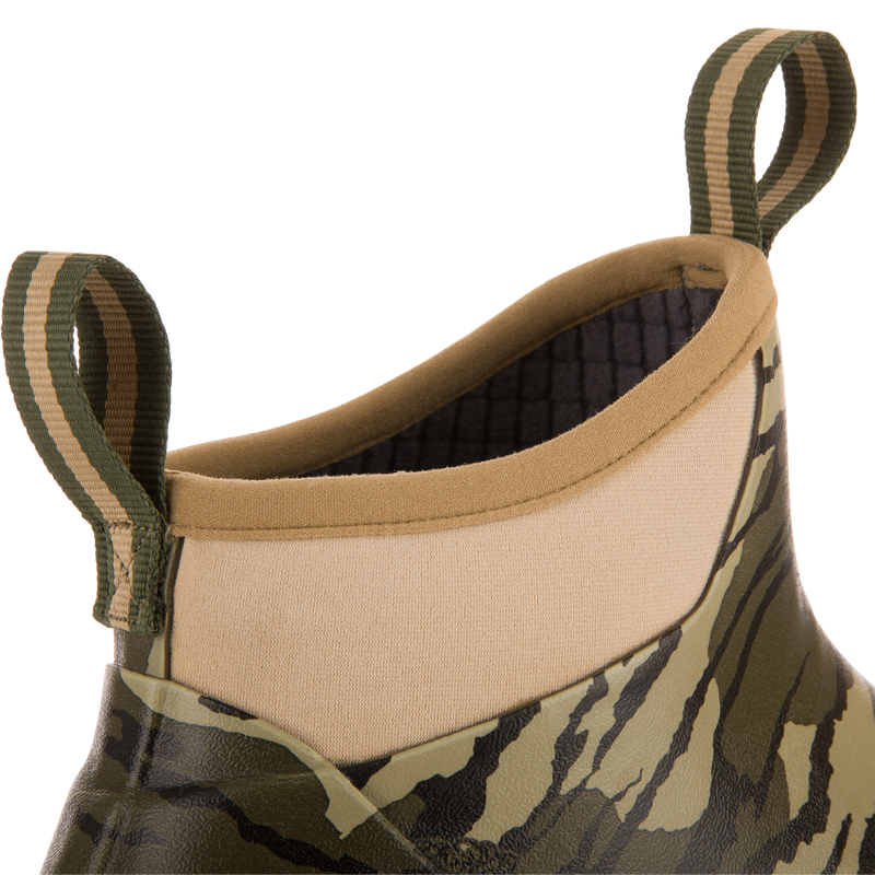 Close-up of Offroad Rubber Deck Boots, featuring a camo-pattern neoprene collar, webbing pull-tabs, and a 6 ankle for support and easy slip-on.